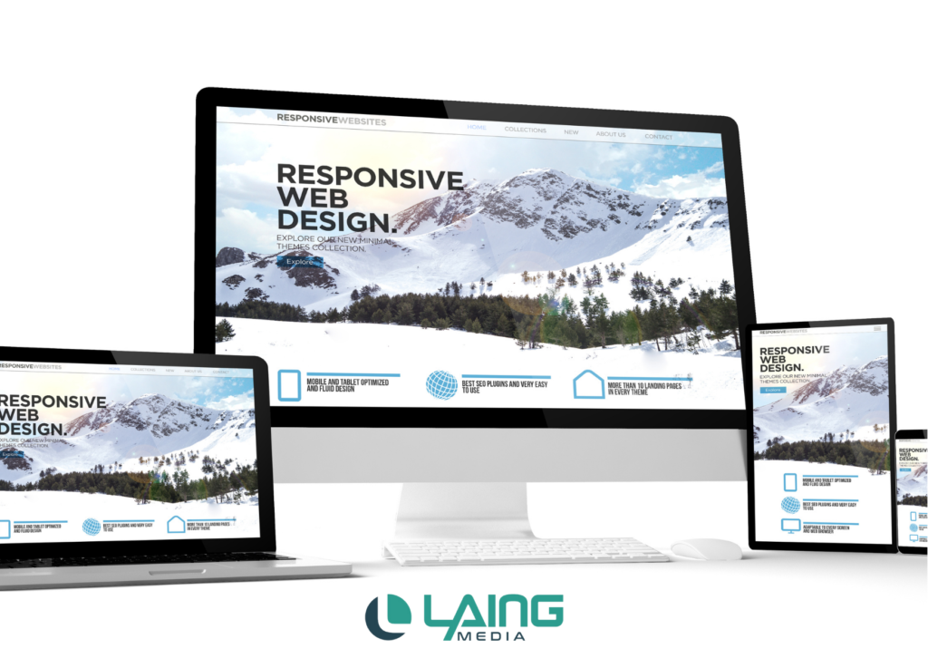 Different website design layouts with Laing Media logo.