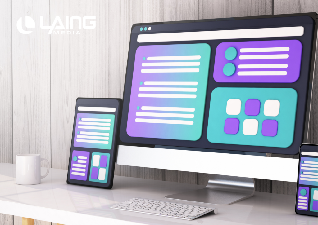 website redesign on desktop and tablet with Laing Media logo