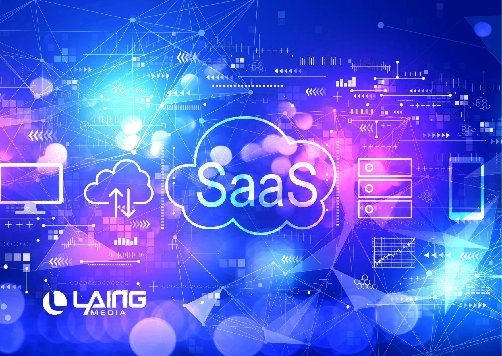 The word "SaaS" in a cloud floating in the inter web with Laing Media logo