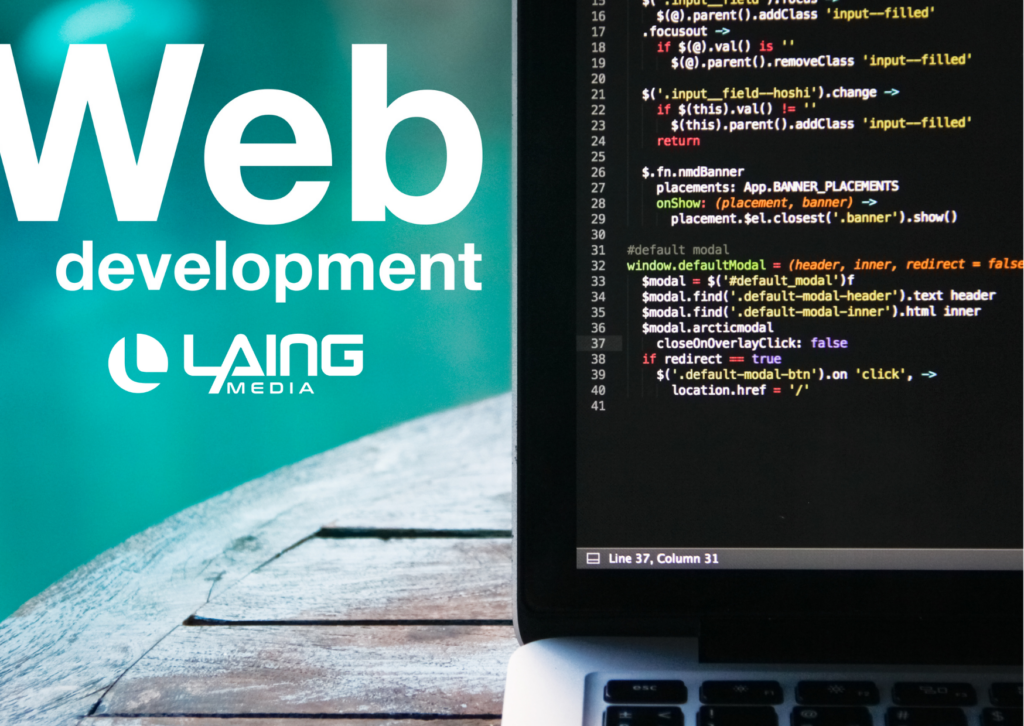 Web Development and computer with code on the right. Laing Media white logo
