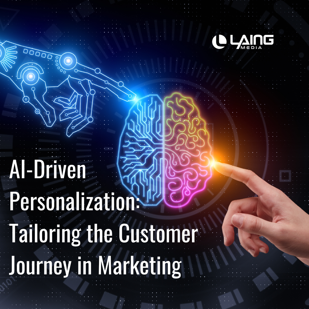 A digital hand touching one half of the brain and a human hand touching the other hand of the brain. AI-driven Personalization: Tailoring the Customer Journey in Marketing text. Laing Media white logo.