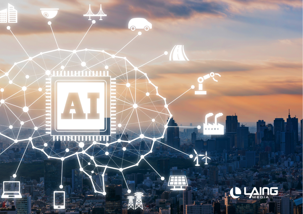 background is a city skyline with a sunset. Graphic white outline image of a brain with AI in the middle and branches out to icons of different businesses and tools.