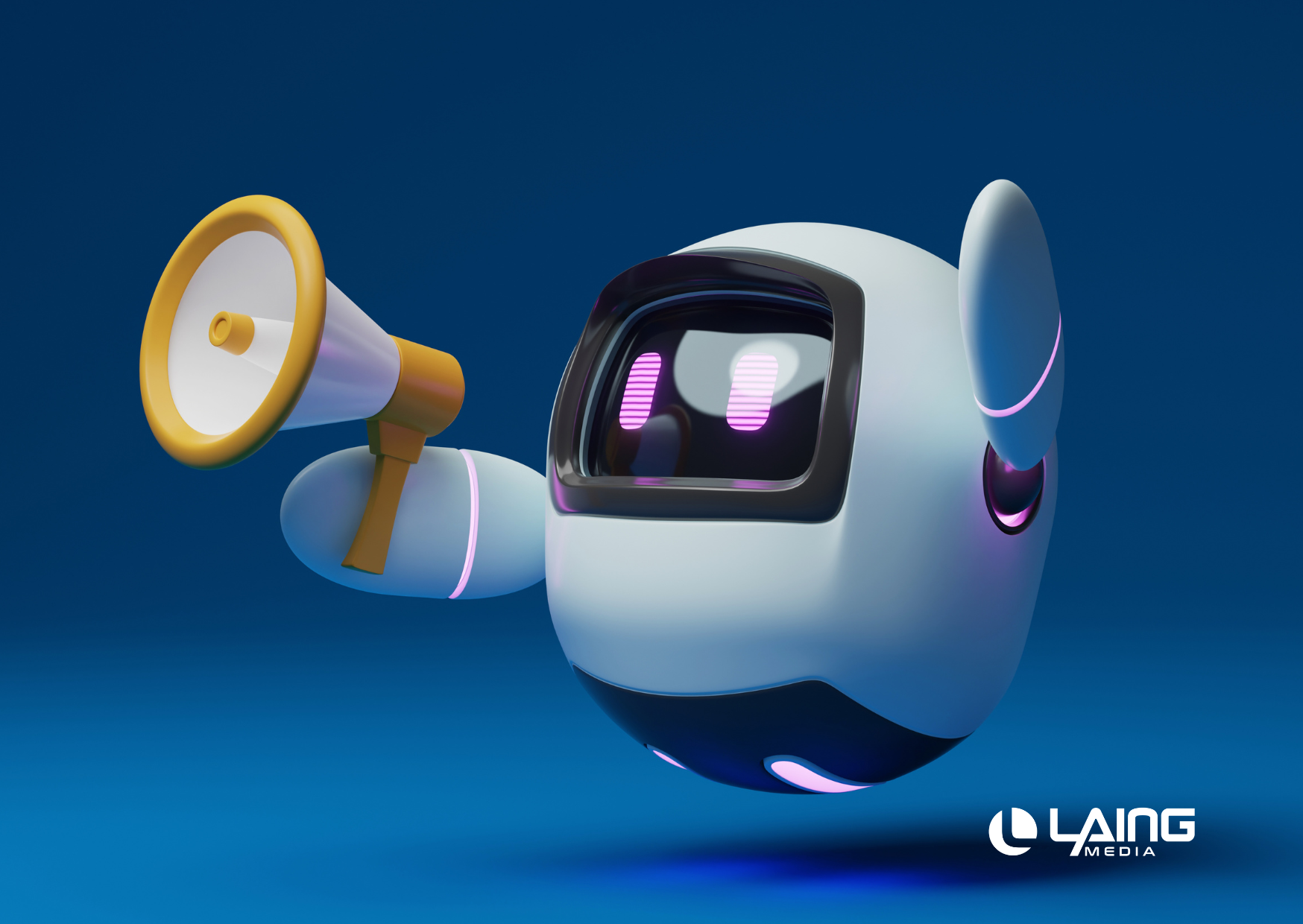 An AI robot with a megaphone and a white Laing media logo on the bottom.